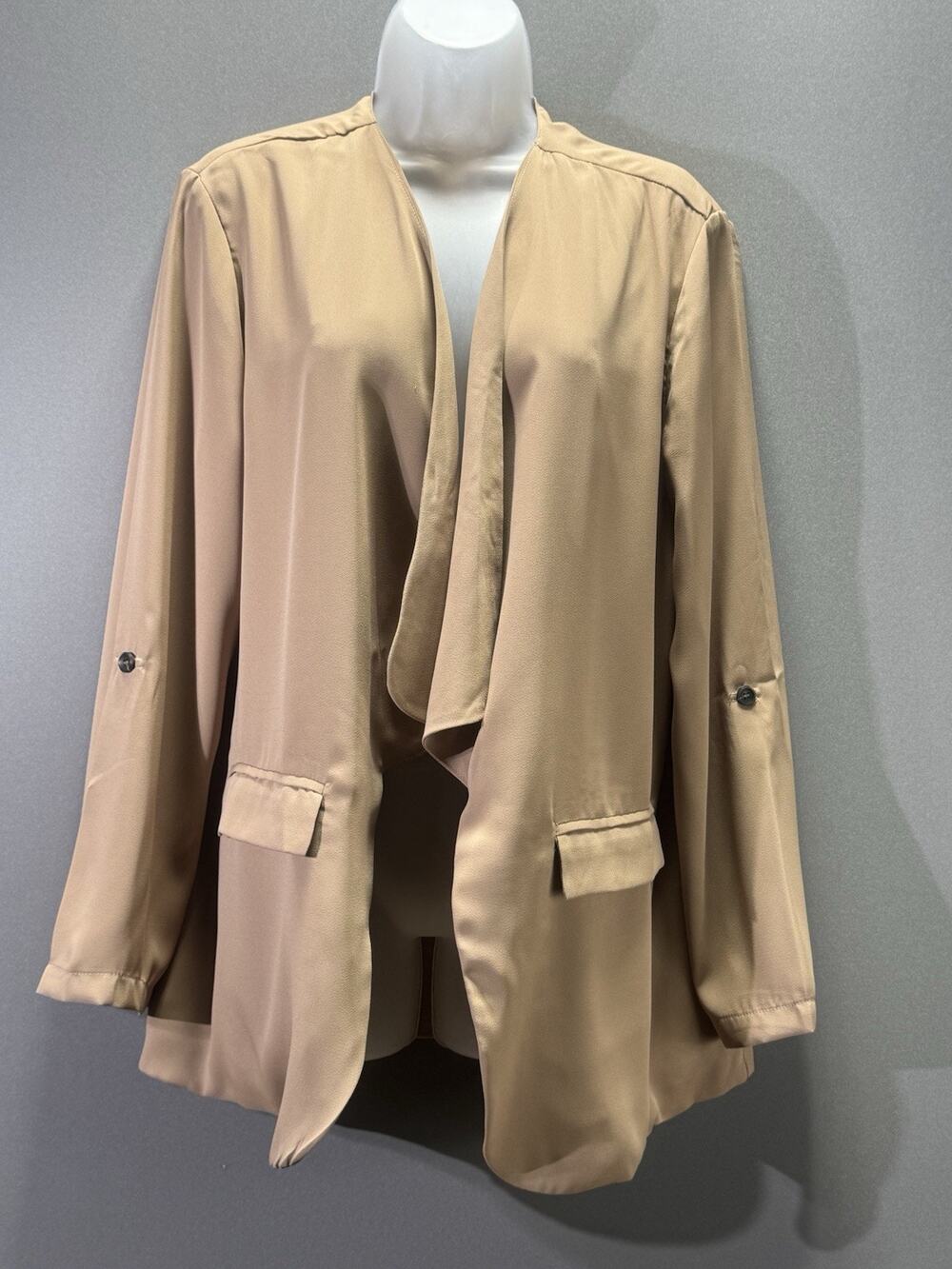 Yesfashion Womens Blazer L Camel Tan Open Front Draped Jacket NWT Lightweight